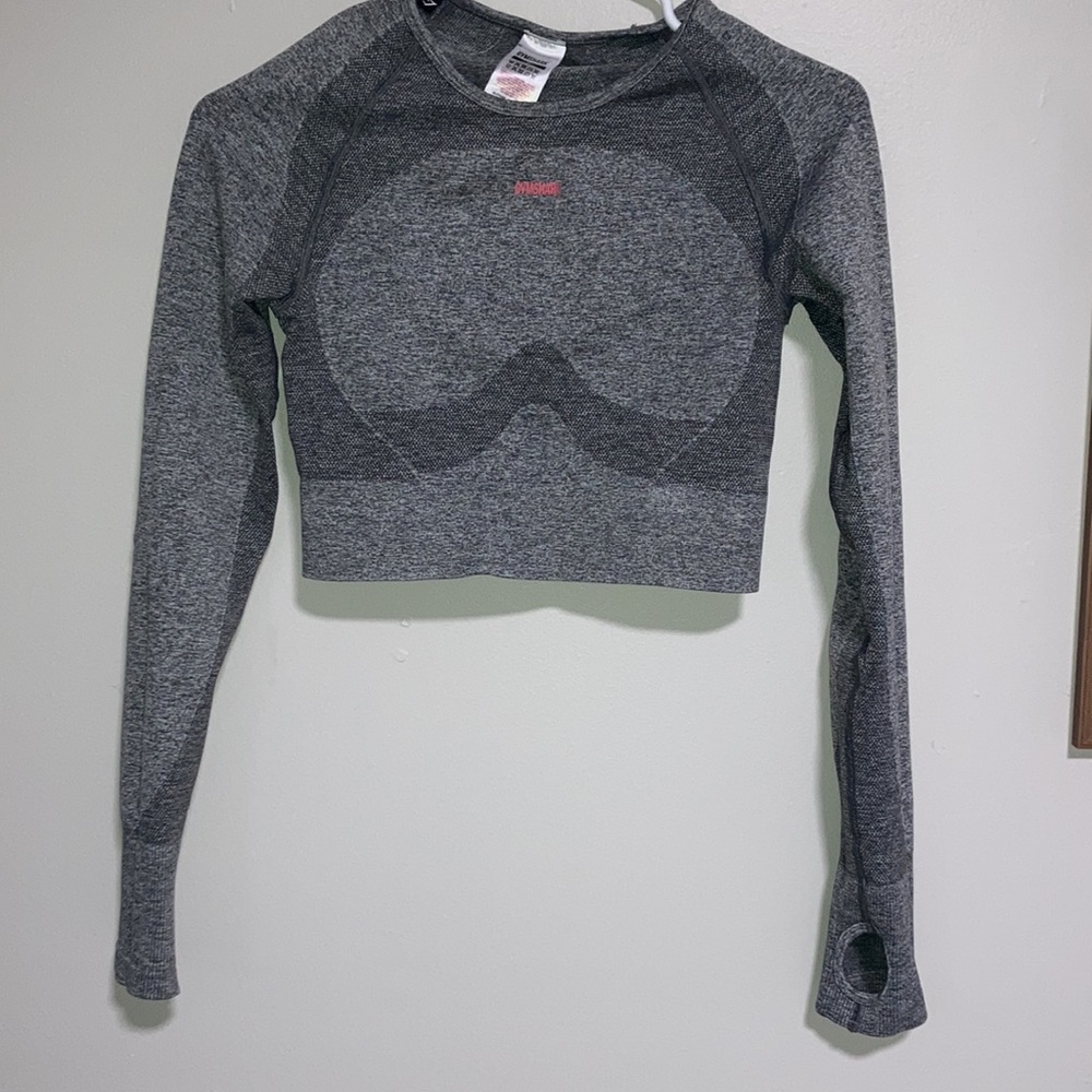 Gymshark grey speckled with pink writing seamless long sleeve crop top Medium